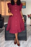 Burgundy Casual Daily Elegant Solid Buckle Solid Color Stringy Selvedge Button Collar A Line Dresses