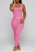 Abbigliamento sportivo casual rosa Gilet solido Pantaloni scollo a U senza maniche due pezzi