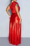 Rotes, sexy, lässiges, solides, Patchwork-rückenfreies, plissiertes, langes Kleid mit schrägem Kragen