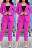 Pantalones cárdigan lisos informales de color rosa con cuello vuelto y manga larga de dos piezas