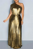 Gold Sexy Casual Solid Patchwork Rückenfrei Plissee Schrägkragen Langes Kleid Kleider