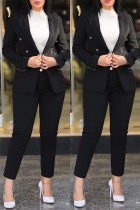 Black Casual Solid Cardigan Pants Turn-back Collar Long Sleeve Two Pieces Blazer Tops And Pants Sets