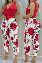 Rood Wit Casual print Effen Patchwork Ruglooze V-hals Skinny jumpsuits (met riem)