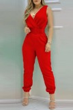 Röd Vit Casual Print Solid Patchwork Skinny Jumpsuits med V-hals utan rygg (med bälte)