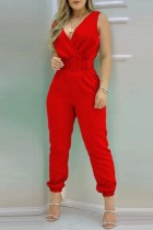 Röda Casual Print Solid Patchwork Skinny Jumpsuits med V-hals utan rygg (med bälte)