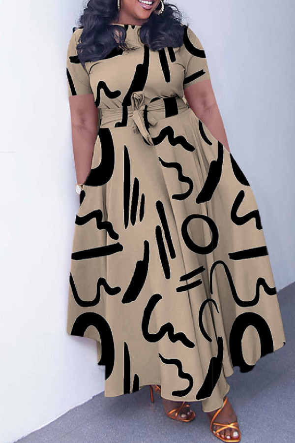 Kaki casual print patchwork jurk met ronde hals en korte mouwen, grote maten jurken