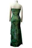 Grünes, sexy bedrucktes Patchwork-Kleid mit hohem Öffnungsvolant, trägerlos, bedruckt
