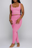 Pink Casual Sportswear Solid Vests Pants U Neck Sleeveless Two Pieces