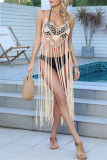 Rose Red Sexy Solid Tassel Bandage Hollowed Out Sequins Backless Swimwears Cover Up