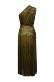 レッドセクシーカジュアルソリッドパッチワークバックレスプリーツ斜め襟ロングドレスドレス