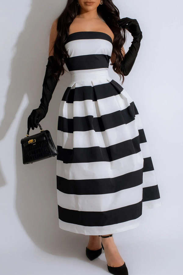 黒と白のセレブ ストライプ パッチワーク コントラスト ジッパー ストラップレス A ライン ドレス (袖なし)