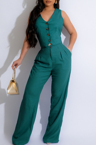 Ink Green Casual Solid Patchwork Pocket Buckle Zipper V Neck Sleeveless Two Pieces