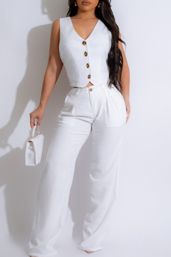 White Casual Solid Patchwork Pocket Buckle Zipper V Neck Sleeveless Two Pieces