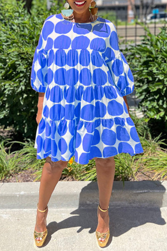Синие повседневные платья с круглым вырезом и трапециевидным принтом в горошек