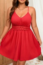 Rotes, sexy, lässiges, einfarbiges, rückenfreies Sling-Kleid mit V-Ausschnitt und Kleider in Übergröße