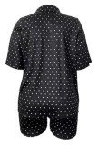 Black Casual Dot Print Patchwork Shirt Collar Plus Size Two Pieces