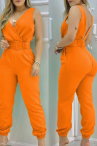 Orangefarbener, legerer, einfarbiger, rückenfreier, schmaler Jumpsuit mit V-Ausschnitt (mit Gürtel)