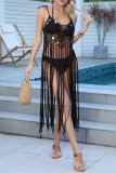Yellow Sexy Solid Tassel Bandage Hollowed Out Sequins Backless Swimwears Cover Up