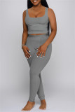 Светло-серый повседневная спортивная одежда Однотонные жилеты Брюки с U-образным вырезом без рукавов из двух частей