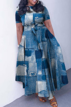 Blue Casual Print Patchwork O Neck Short Sleeve Dress Plus Size Dresses