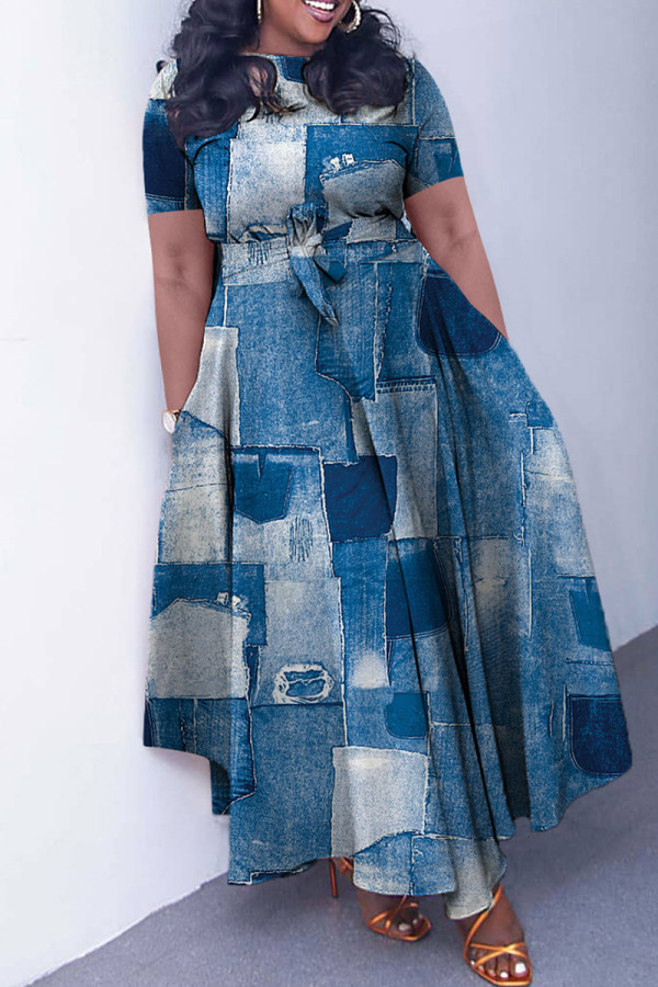 Blauwe casual print patchwork O-hals jurk met korte mouwen Grote maten jurken