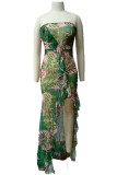 Rosa-grünes, sexy bedrucktes Patchwork-Kleid mit hohem Öffnungsvolant, trägerlos, bedruckt