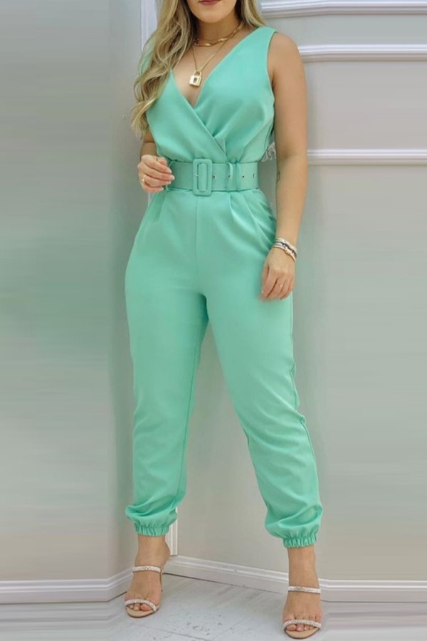 Light Green Casual Print Solid Patchwork Backless V Neck Skinny Jumpsuits (With Belt)