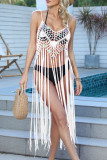 Rose Red Sexy Solid Tassel Bandage Hollowed Out Sequins Backless Swimwears Cover Up