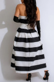 黒と白のセレブ ストライプ パッチワーク コントラスト ジッパー ストラップレス A ライン ドレス (袖なし)