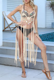 Green Sexy Solid Tassel Bandage Hollowed Out Sequins Backless Swimwears Cover Up