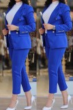 Royal Blue Casual Solid Cardigan Pants Turn-back Collar Long Sleeve Two Pieces