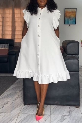 Witte casual dagelijkse elegante effen gesp effen kleur vezelige zelfkant knoopkraag A-lijn jurken