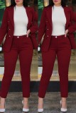 Tangerine Red Casual Solid Cardigan Pants Turn-back Collar Long Sleeve Two Pieces