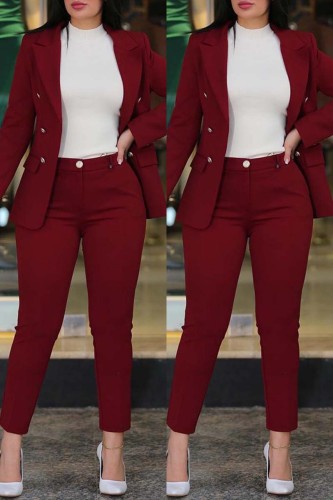 Burgundy Casual Solid Cardigan Pants Turn-back Collar Long Sleeve Two Pieces Blazer Tops And Pants Sets