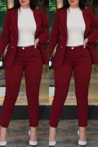 Burgundy Casual Solid Cardigan Pants Turn-back Collar Long Sleeve Two Pieces