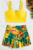 Yellow Sportswear Print Patchwork Pleated Swimwears(With Paddings)
