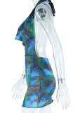 Blaue Street-Print-Patchwork-Faltenkleider mit V-Ausschnitt und bedrucktem Kleid