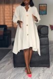 White Casual Daily Elegant Solid Plain Buckle Solid Color V Neck The MIDI Dress Dresses