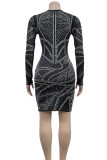 Zwarte elegante effen patchwork doorzichtige hete boorrits met V-hals schede-jurken