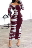 Bordeauxrode straatprint patchwork vierkante kraag lange jurken