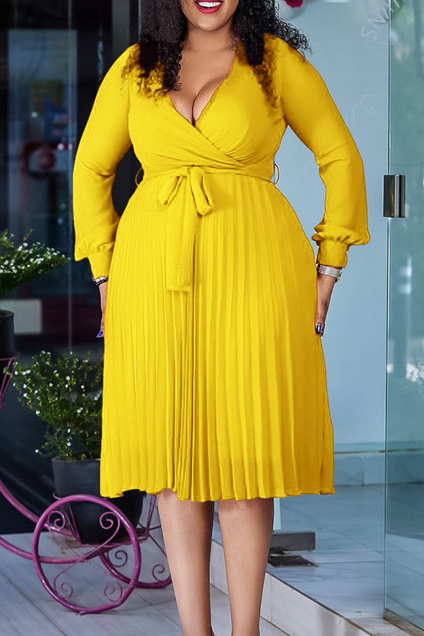 Amarillo elegante patchwork liso con cinturón plisado cuello en V vestidos de una línea