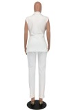 White Casual Solid Buttons Slit Turn-back Collar Sleeveless Two Pieces