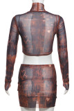 Marron Street Print Patchwork O Neck Long Sleeve Two Pieces