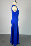 Blauwe zoete effen uitgeholde patchwork vouw O-hals A-lijn jurken