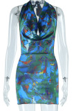 Blauwe straatprint patchwork vouw V-hals bedrukte jurk Jurken