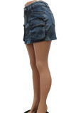 Blue Street Solid Patchwork Pocket Buttons Zipper Low Waist Regular Cago Denim Mini Skirts