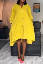 Amarelo casual diário elegante sólido liso fivela cor sólida decote em V vestidos midi