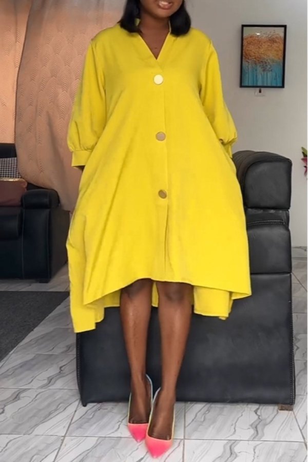Amarelo casual diário elegante sólido liso fivela cor sólida decote em V vestidos midi