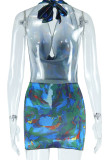 Blaue Street-Print-Patchwork-Faltenkleider mit V-Ausschnitt und bedrucktem Kleid