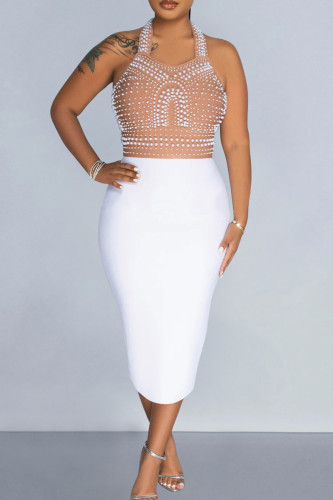White Elegant Patchwork Slit Beading Halter Pencil Skirt Dresses